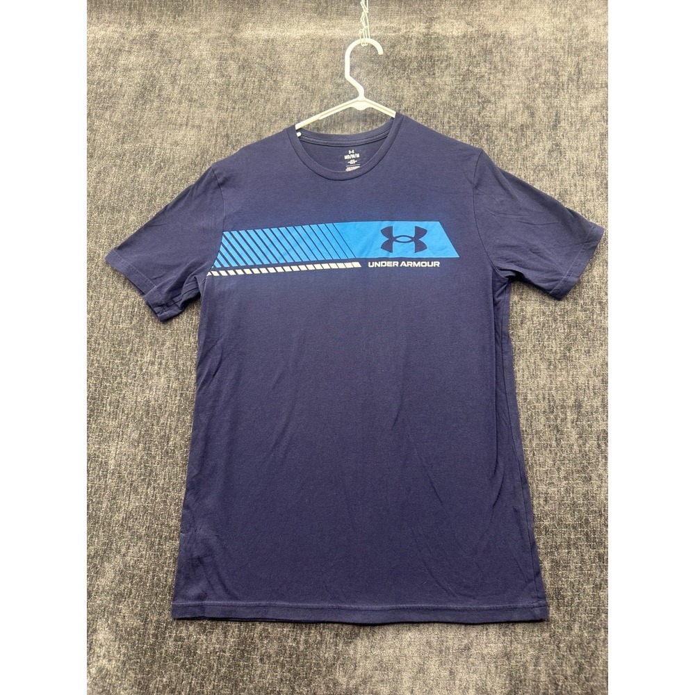 Under Armour Left Chest Stripe T Shirt Mens Medium Navy Blue Logo Loose Fit